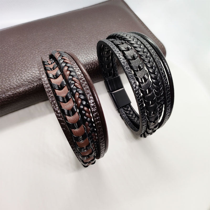 High-Grade Handwoven Leather Bracelet with Alloy Magnetic Buckle