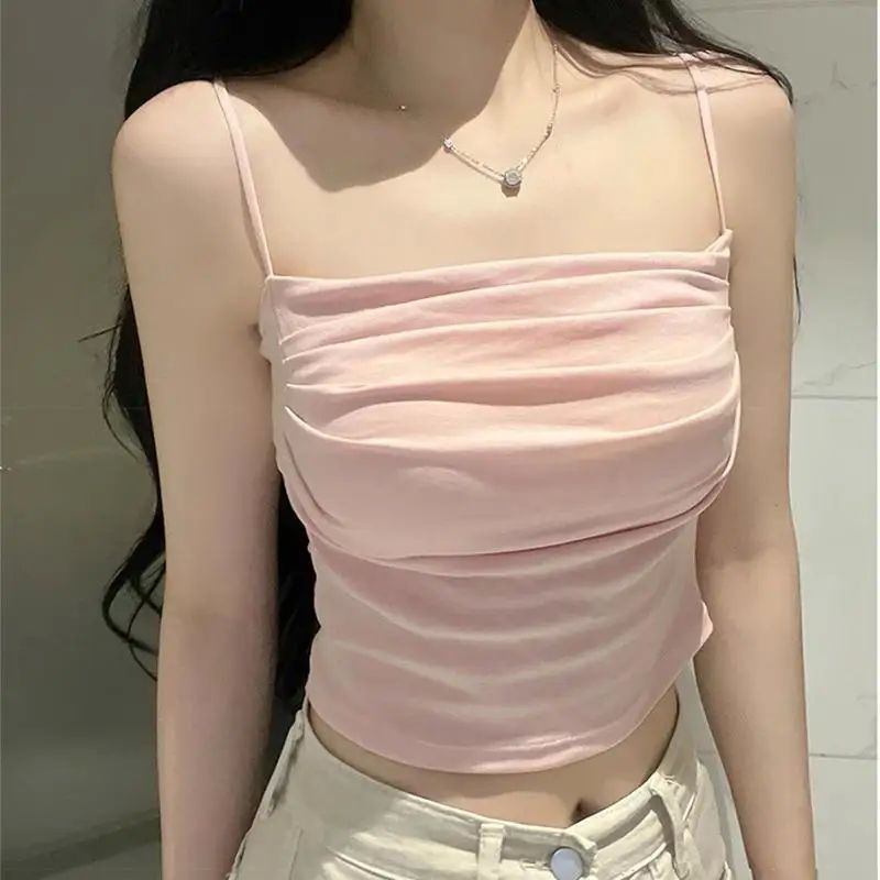 Women's Pleated Camisole Top with Built-In Bra and Off-Shoulder