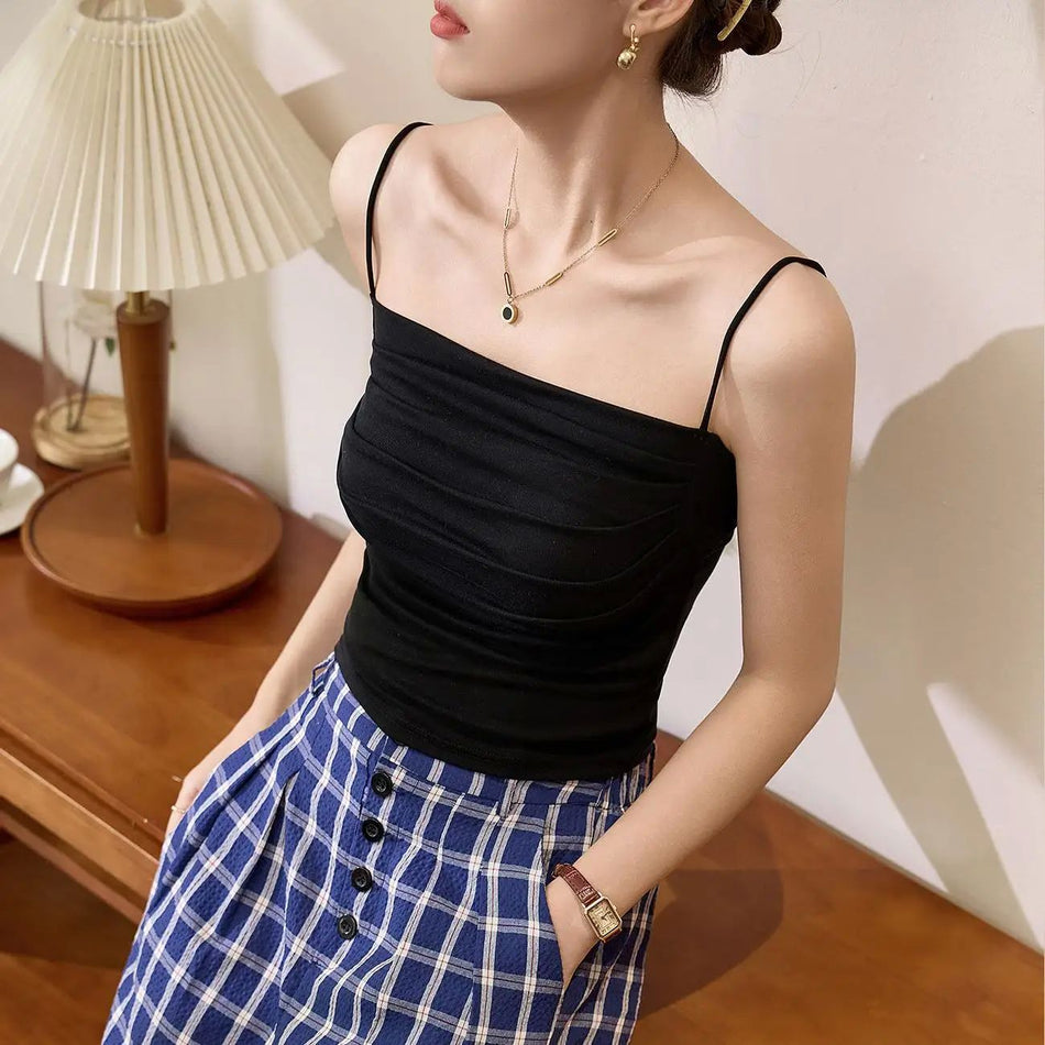 Women's Pleated Camisole Top with Built-In Bra and Off-Shoulder