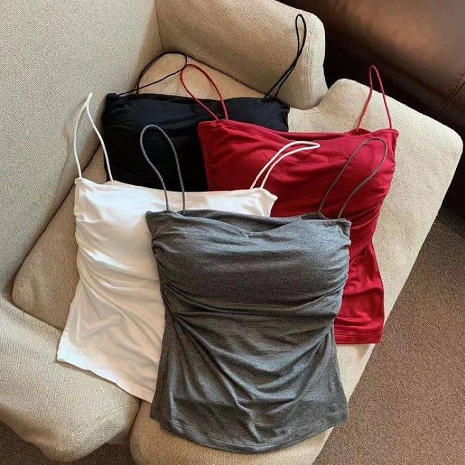 Women's Pleated Strapless Camisole with Built-In Bra Tank Top