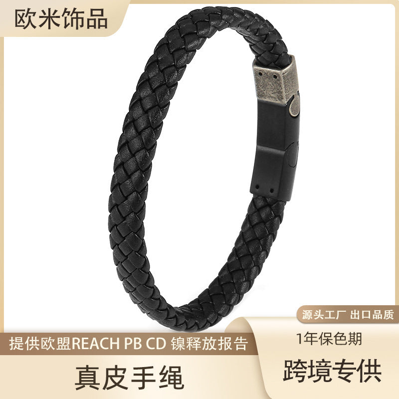 Men's Leather Bracelet with Metal Button Minimalist Design
