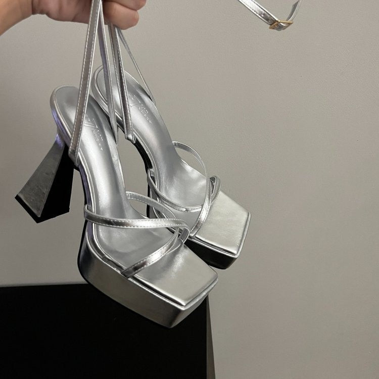 Women's Platform Square Toe High Heel Sandals with Buckle