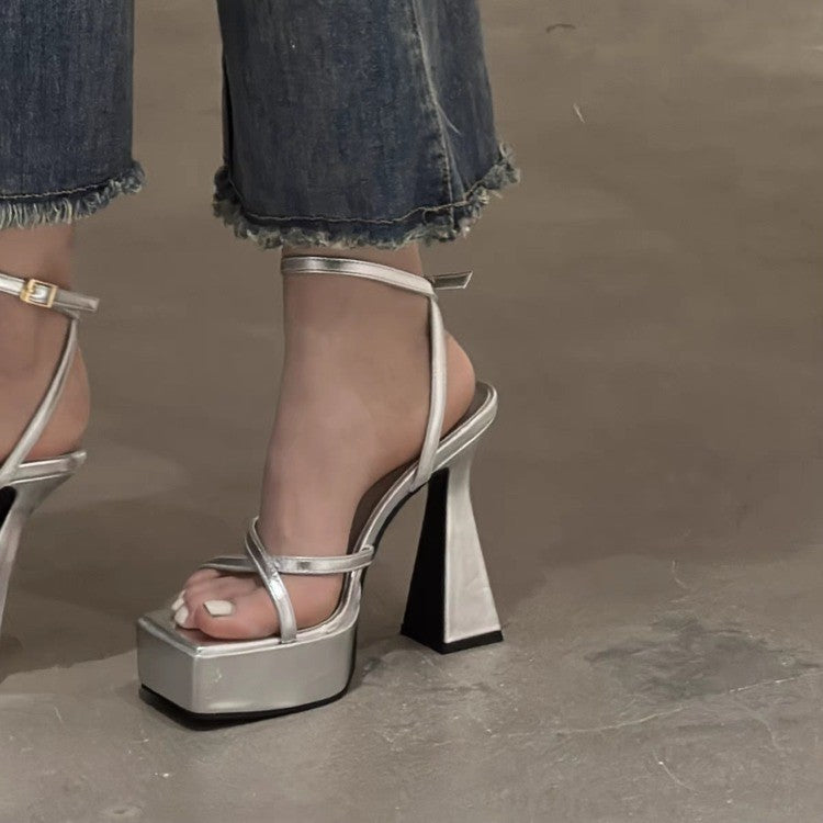 Women's Platform Square Toe High Heel Sandals with Buckle