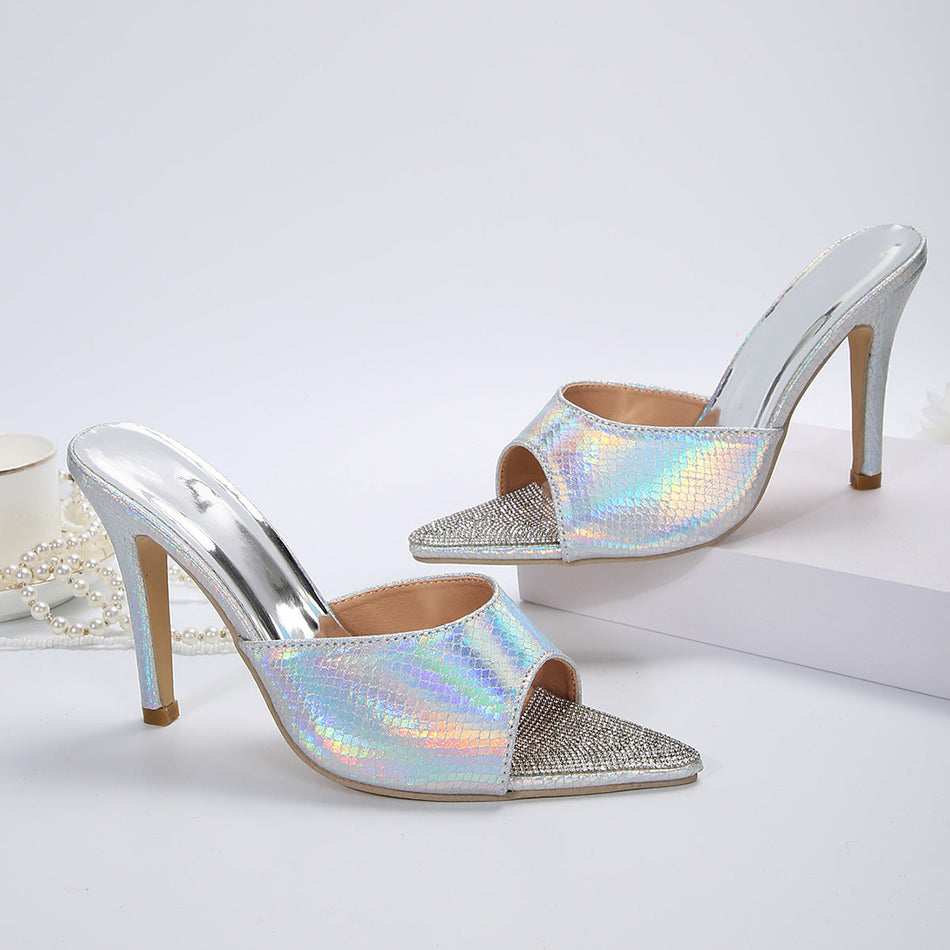 Women's Pointed Toe Rhinestone High Heel Mule Sandals