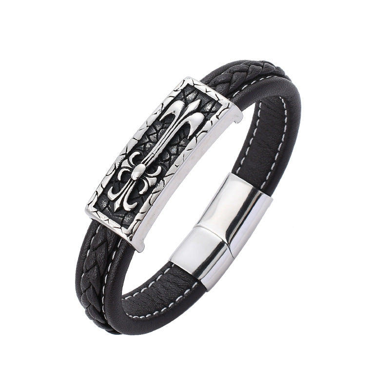 Men's Braided Leather Cross Bracelet Titanium Steel Clasp