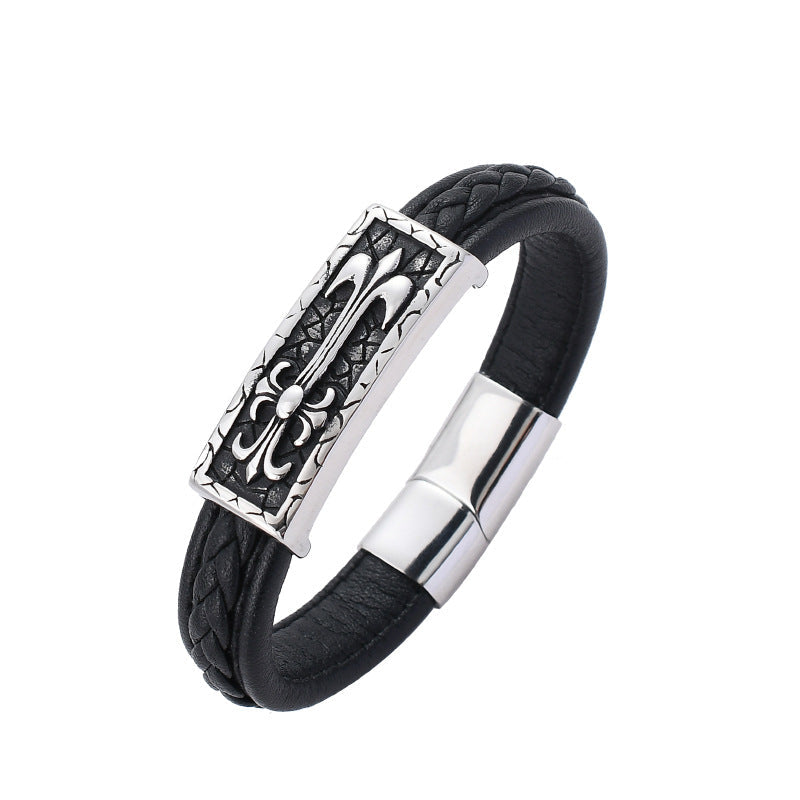 Men's Braided Leather Cross Bracelet Titanium Steel Clasp