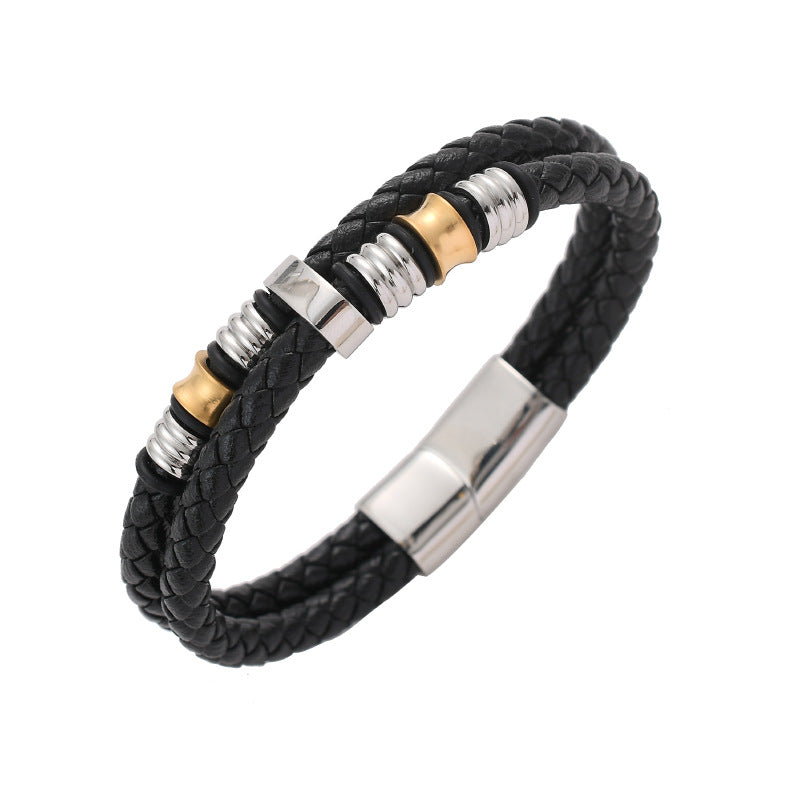 Men's Double Layer Braided Leather Bracelet Titanium Steel Clasp