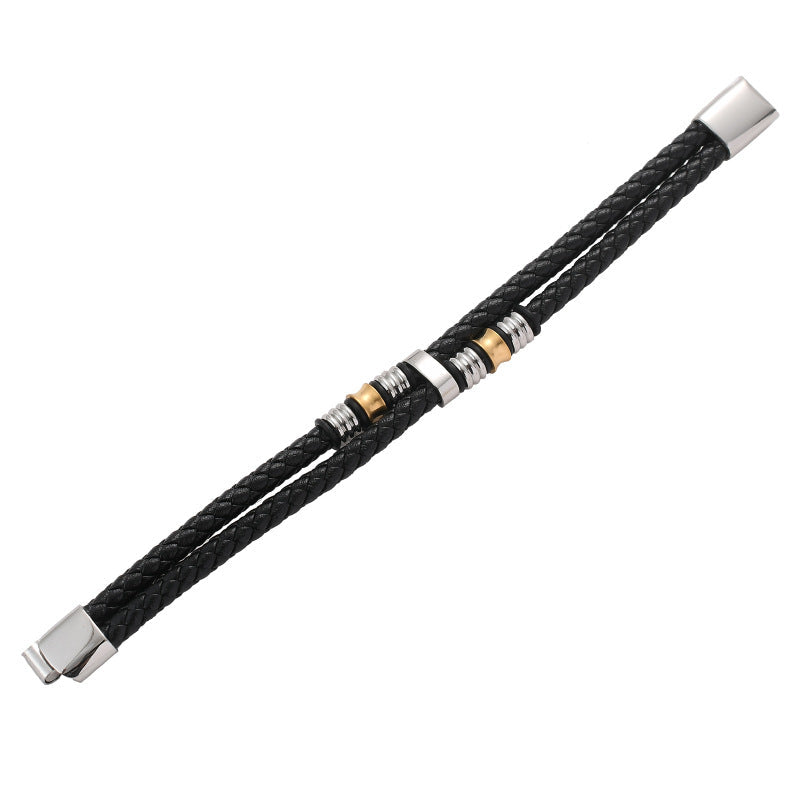 Men's Double Layer Braided Leather Bracelet Titanium Steel Clasp