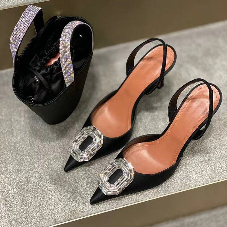 Women's Satin Pointed Toe Slingback High Heel Sandals
