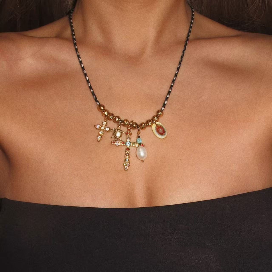 Women's Braided Rope Cross Pendant Clavicle Necklace
