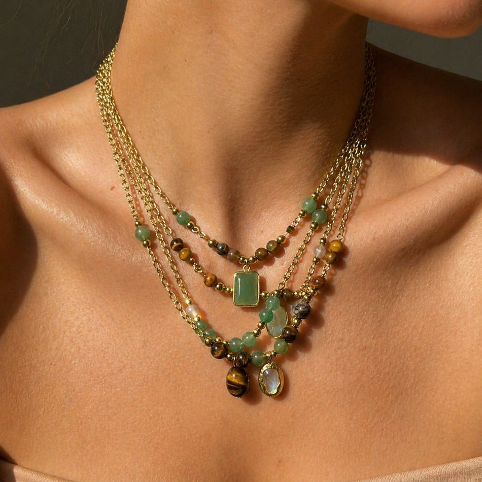 Women's Natural Stone Beaded Stainless Steel Necklace