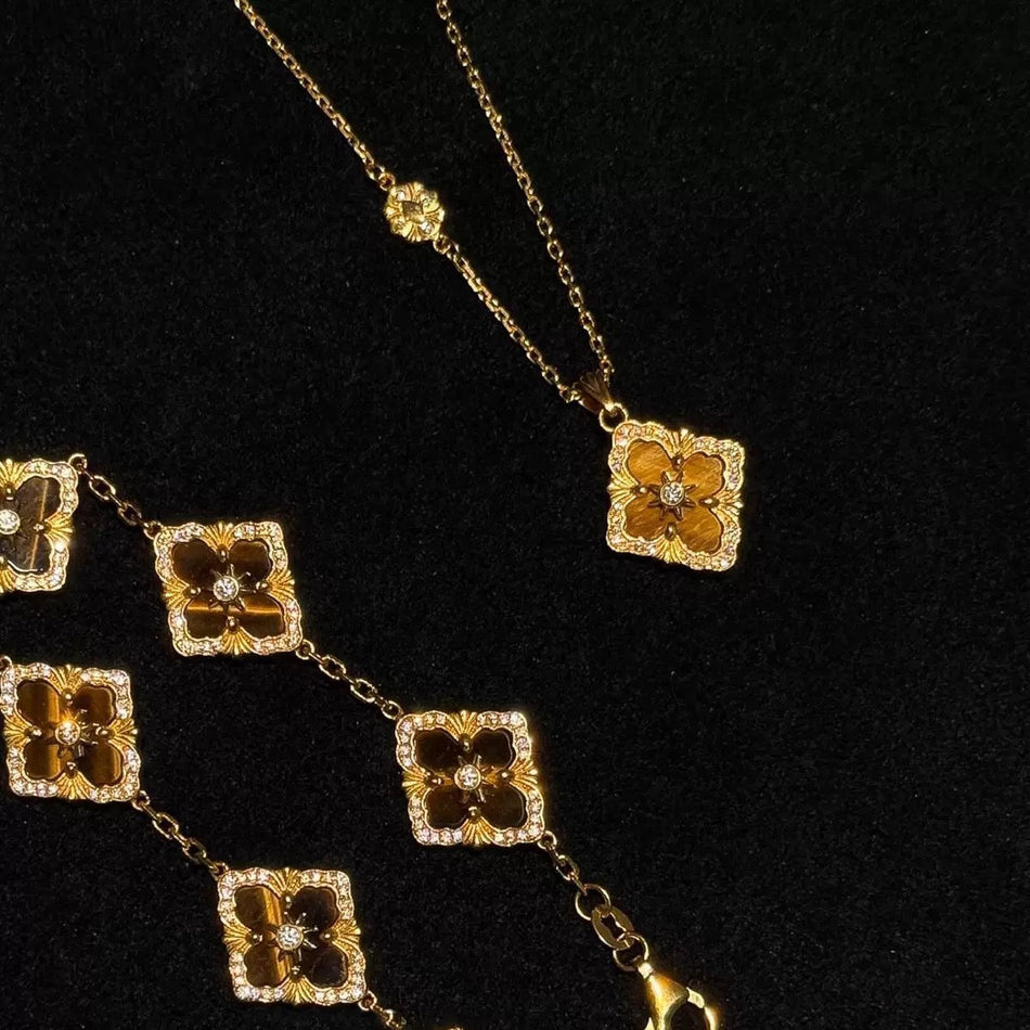 Women's Tiger Eye Stone Clover Pendant Gold Plated Necklace