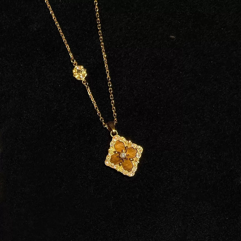Women's Tiger Eye Stone Clover Pendant Gold Plated Necklace