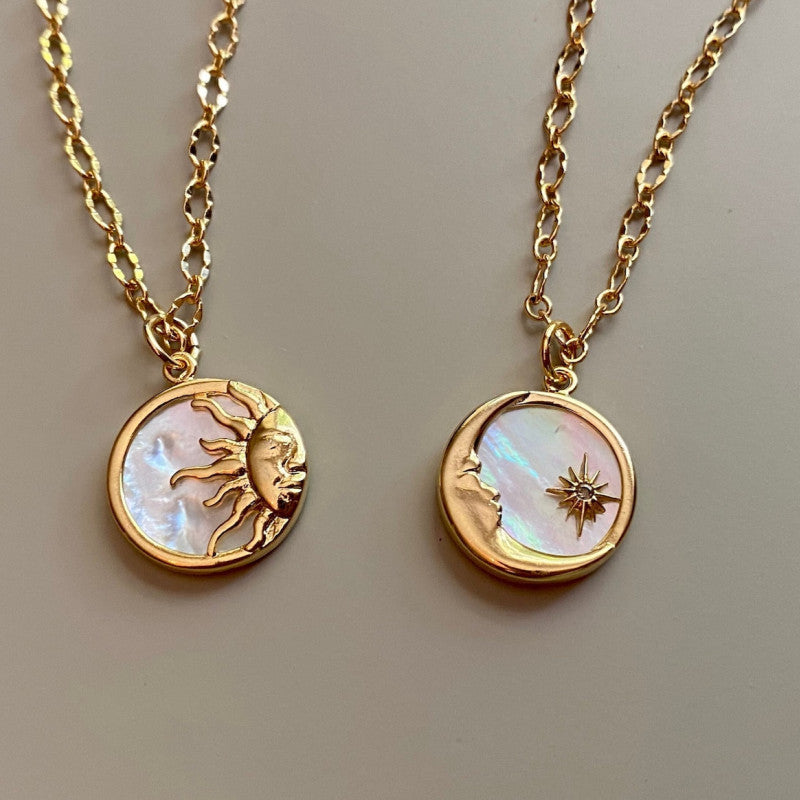 Titanium Steel Mother of Pearl Sun Moon Pendant Necklace