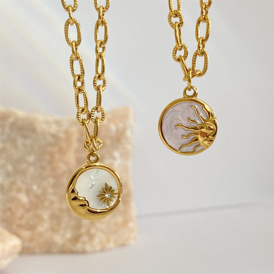 Titanium Steel Mother of Pearl Sun Moon Pendant Necklace