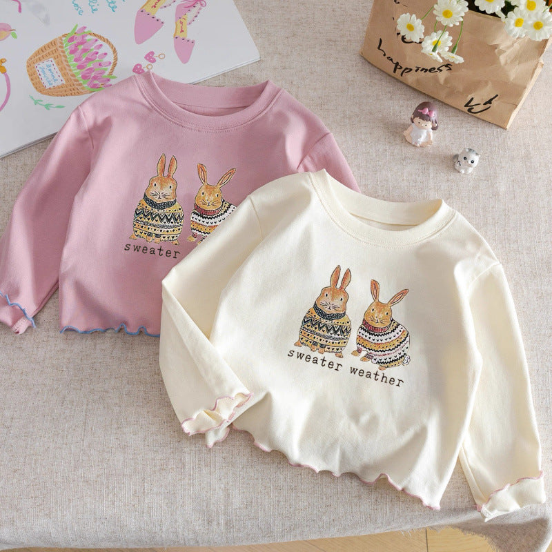Girls Cotton Long-Sleeve T-Shirt – Ruffle Trim Cartoon Base Layer