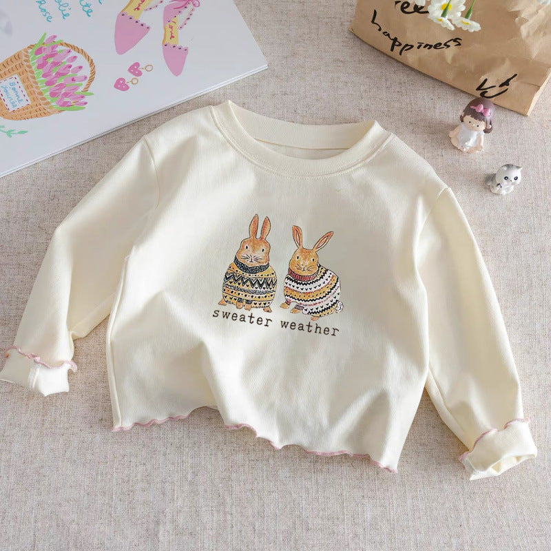 Girls Cotton Long-Sleeve T-Shirt – Ruffle Trim Cartoon Base Layer
