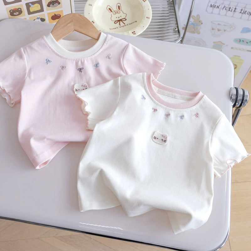 Girls Cotton Cartoon Bow T-Shirt – Cute Korean-Style Summer Top