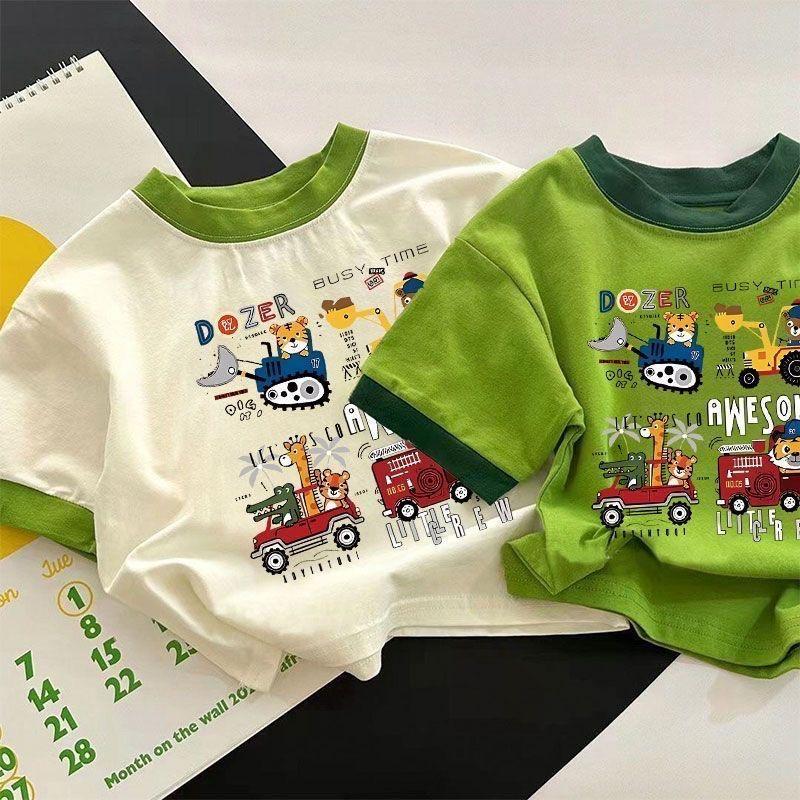 Kids 100% Cotton Cartoon Car T-Shirt – Summer Short Sleeve Top