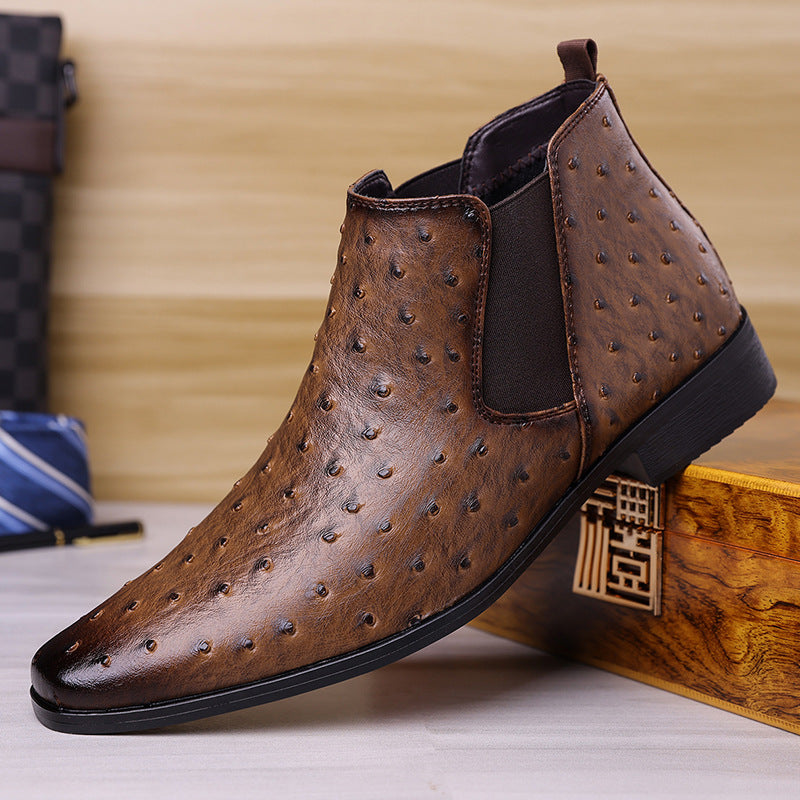 Men's Ostrich Pattern Slip-On Square Toe Leather Shoes