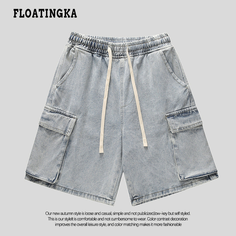 Unisex Japanese Style Functional Denim Shorts Loose Five-Point