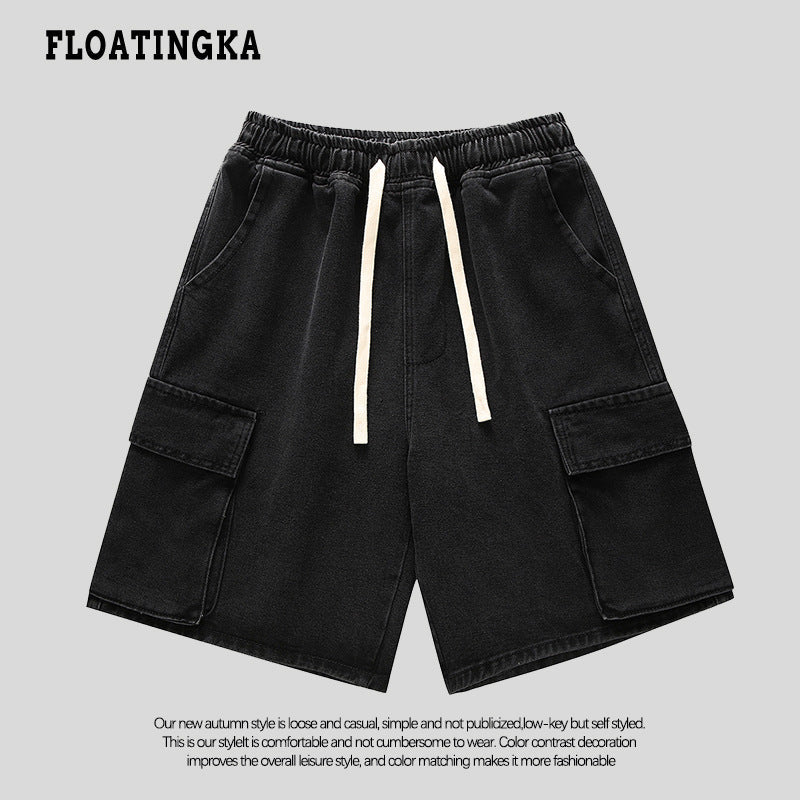 Unisex Japanese Style Functional Denim Shorts Loose Five-Point