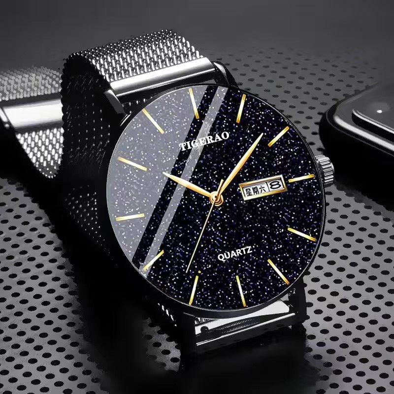 Men's Starry Sky Quartz Watch with Dual Calendar Display