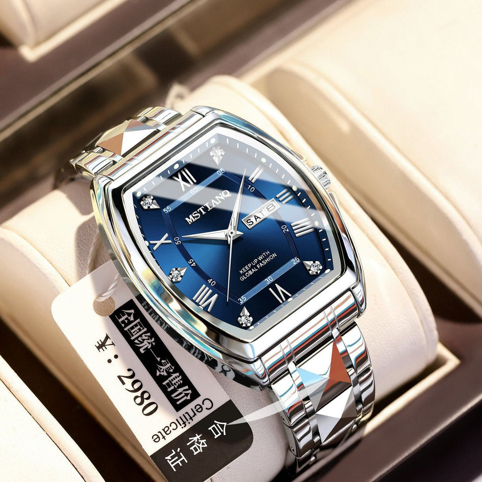 Men's Waterproof Barrel Quartz Watch with Luminous Dial