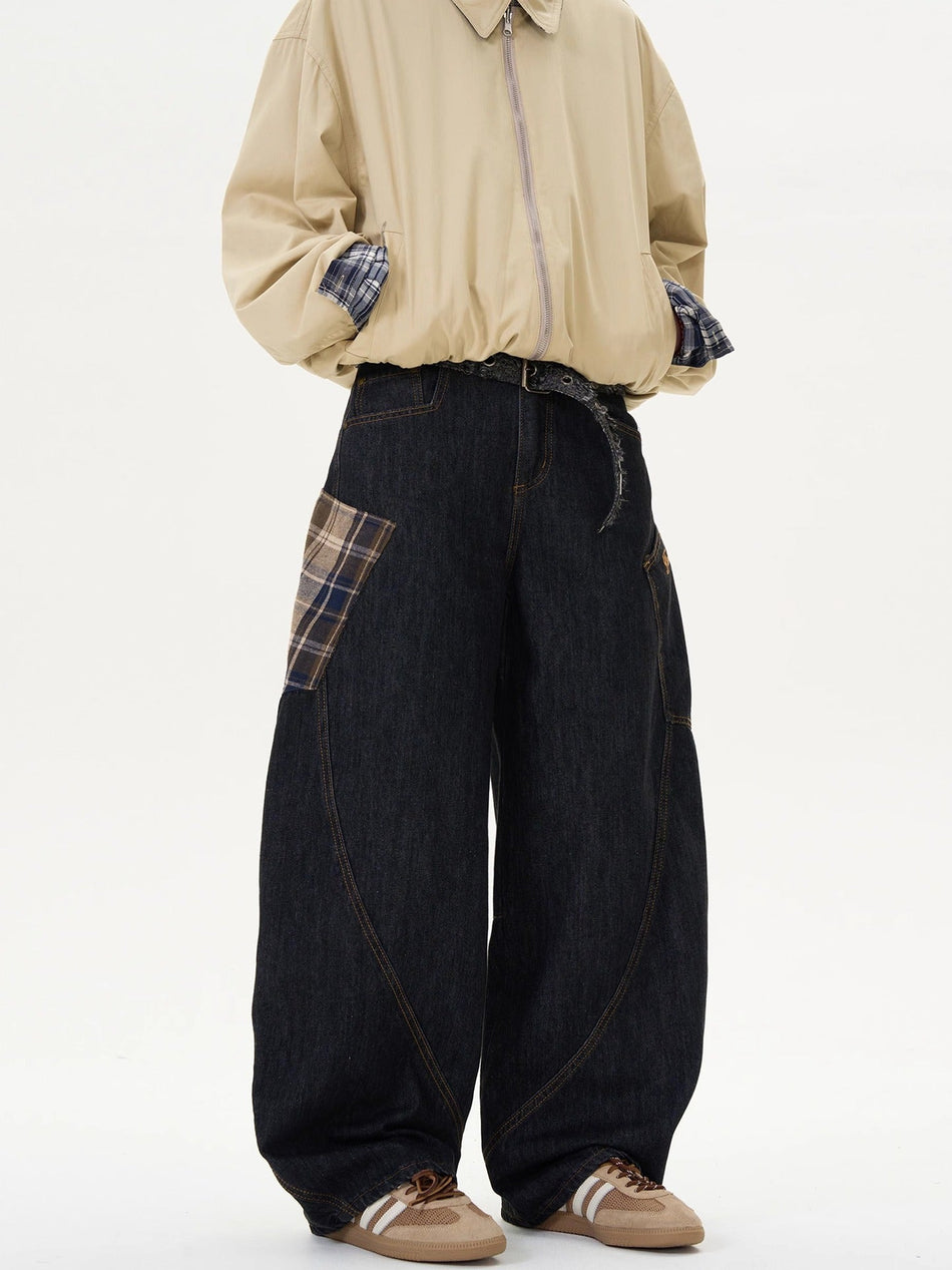 Men's Plaid Spliced Denim Jeans Loose Retro Casual Pants