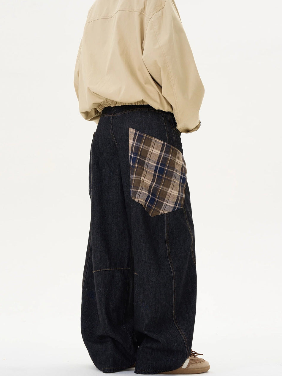 Men's Plaid Spliced Denim Jeans Loose Retro Casual Pants