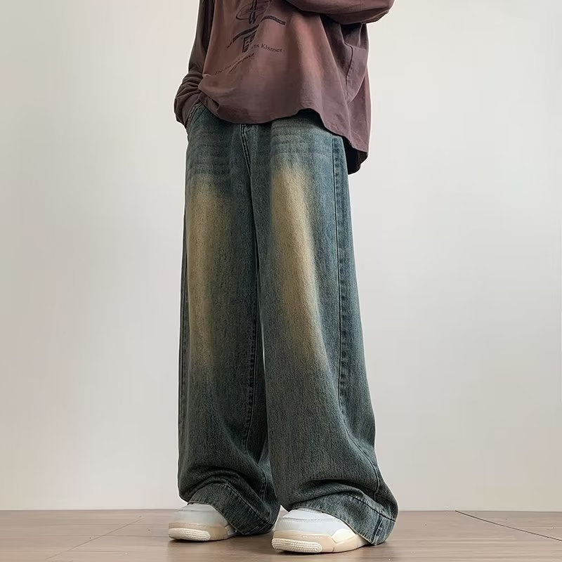 Men's Washed Old Jeans Loose Straight Wide Leg Casual Pants