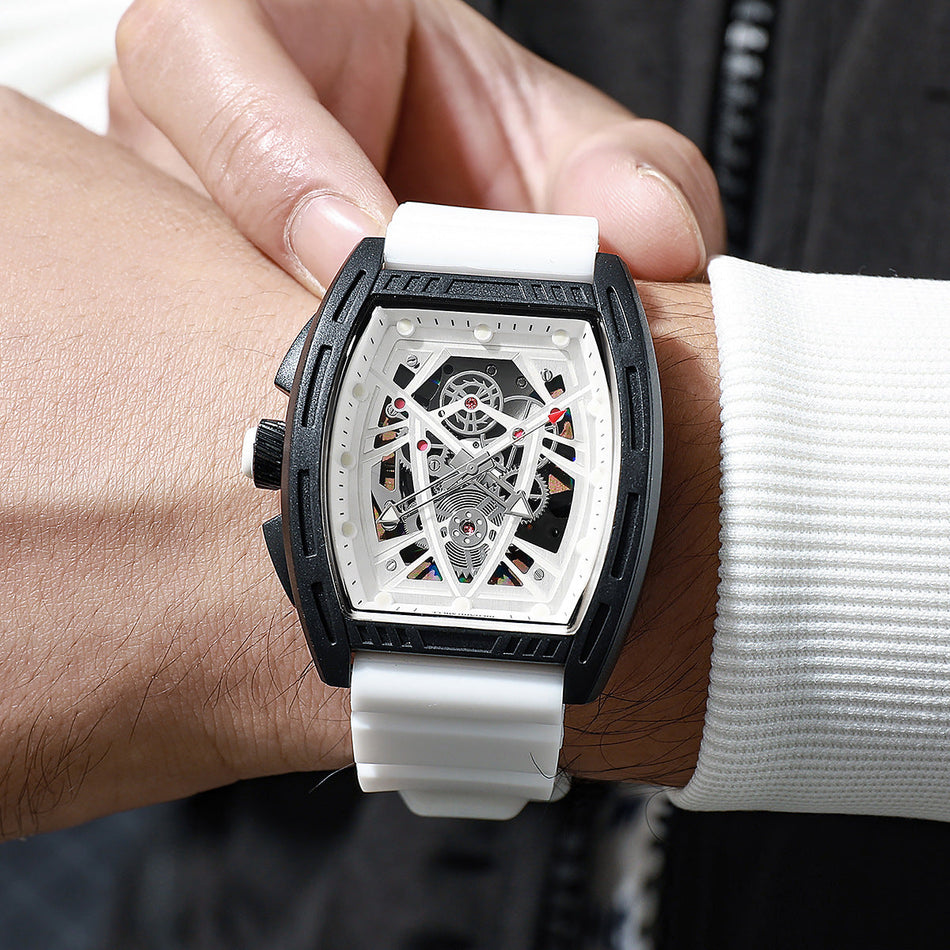 Men's Barrel Dial Sports Quartz Watch with Silicone Strap