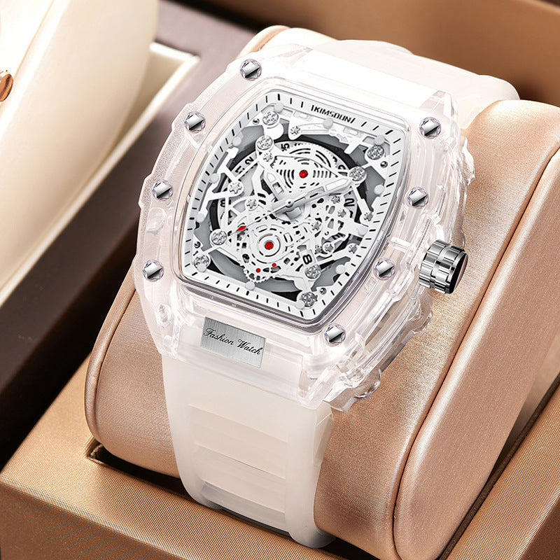 Men's Transparent Barrel Quartz Watch with Waterproof Design