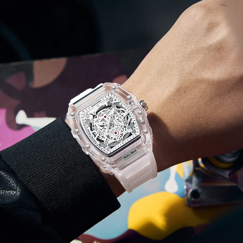 Men's Transparent Barrel Quartz Watch with Waterproof Design