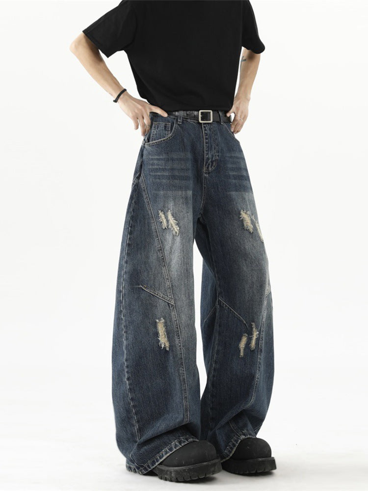 Men's Baggy Curved Ripped Jeans Washed High Street Pants