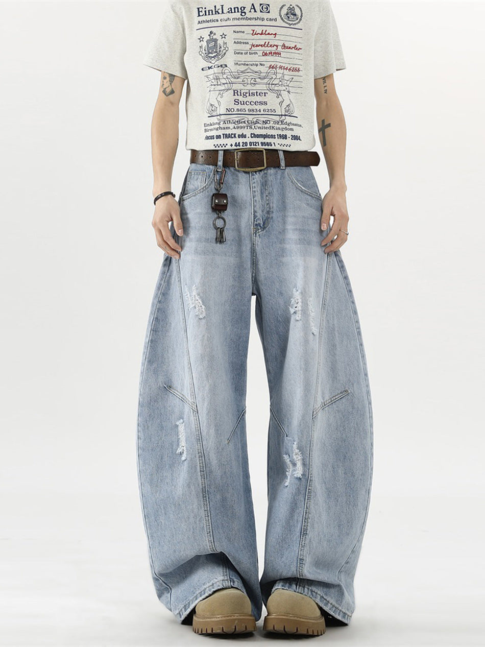 Men's Baggy Curved Ripped Jeans Washed High Street Pants