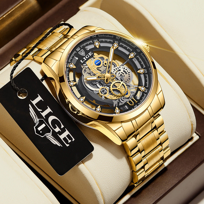 Men's Skeleton Quartz Watch with Transparent Waterproof Dial