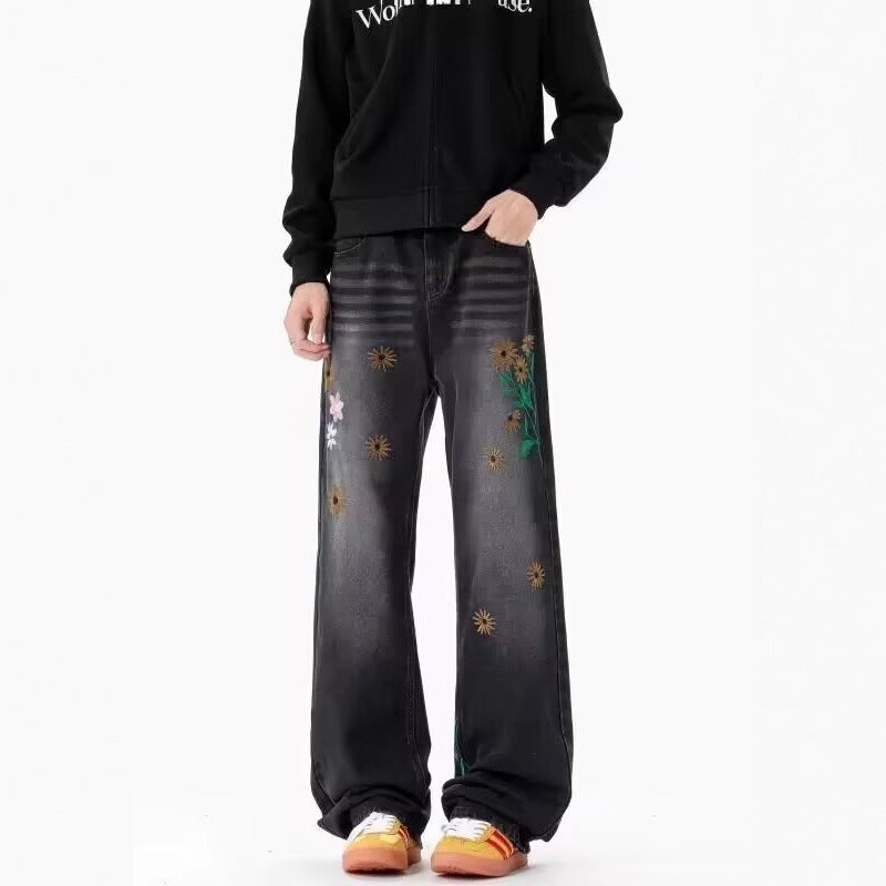 Unisex American Retro Floral Embroidered Straight Jeans