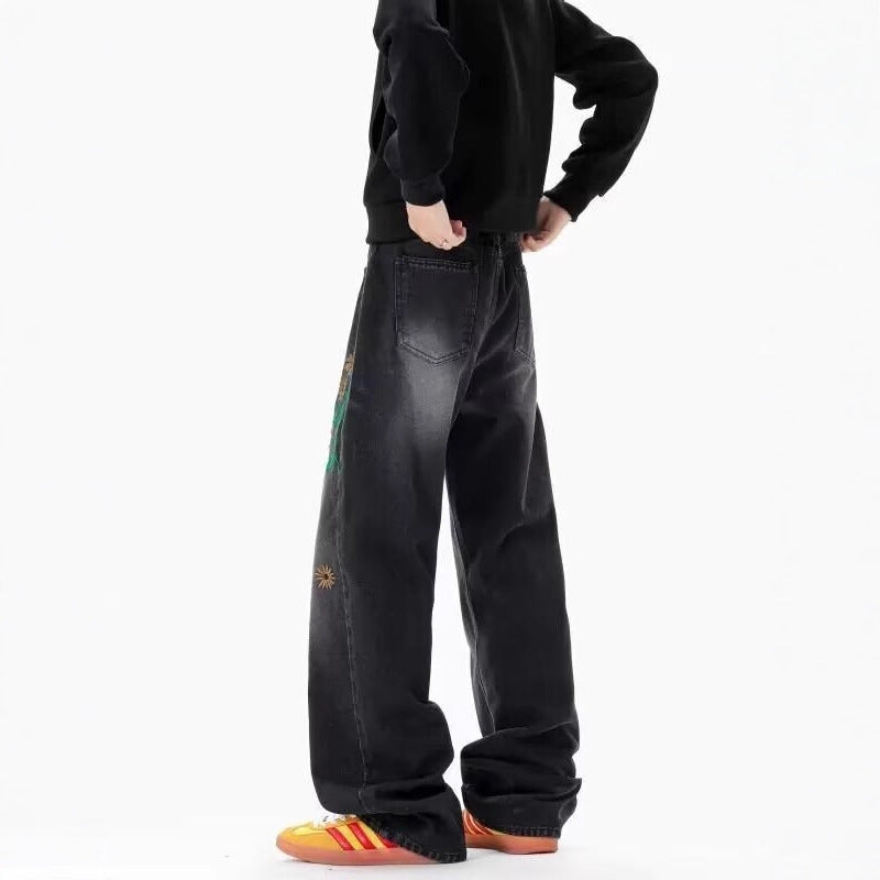 Unisex American Retro Floral Embroidered Straight Jeans