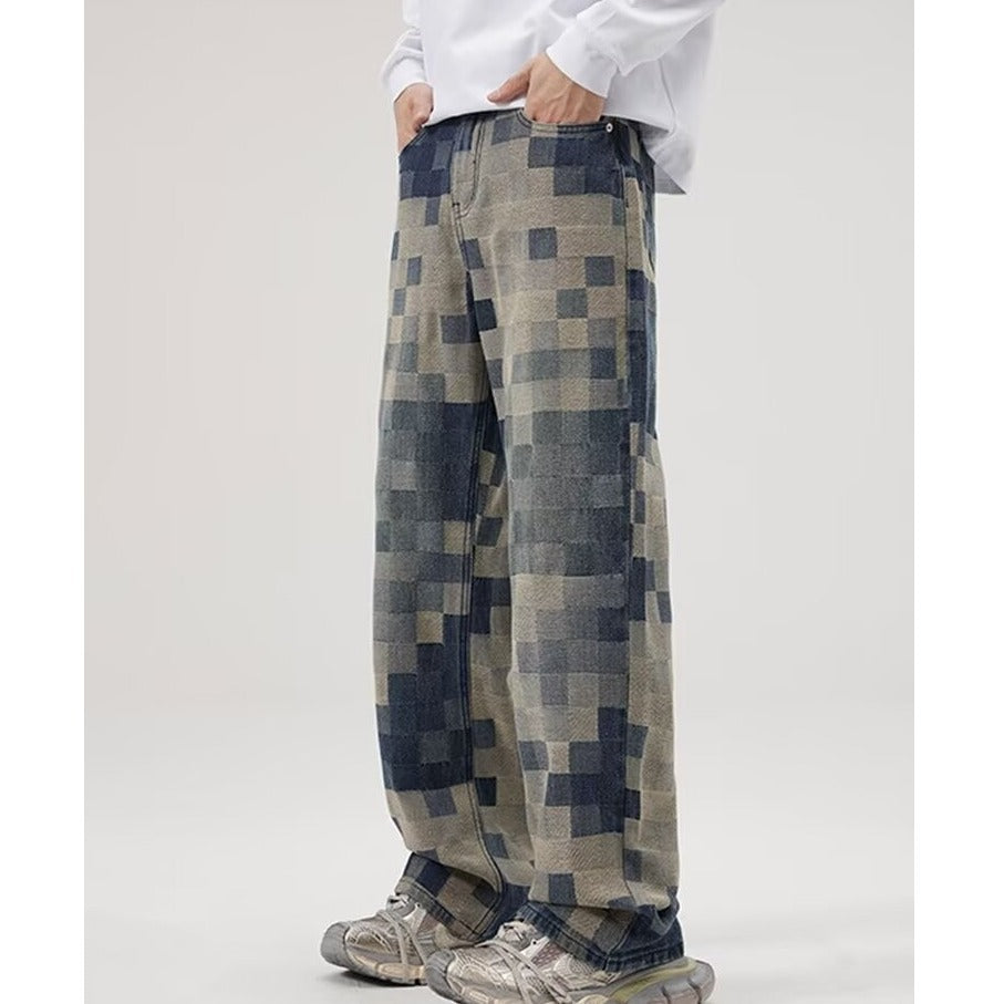 Men's Retro Plaid Jeans Loose Straight Wide Leg Pants