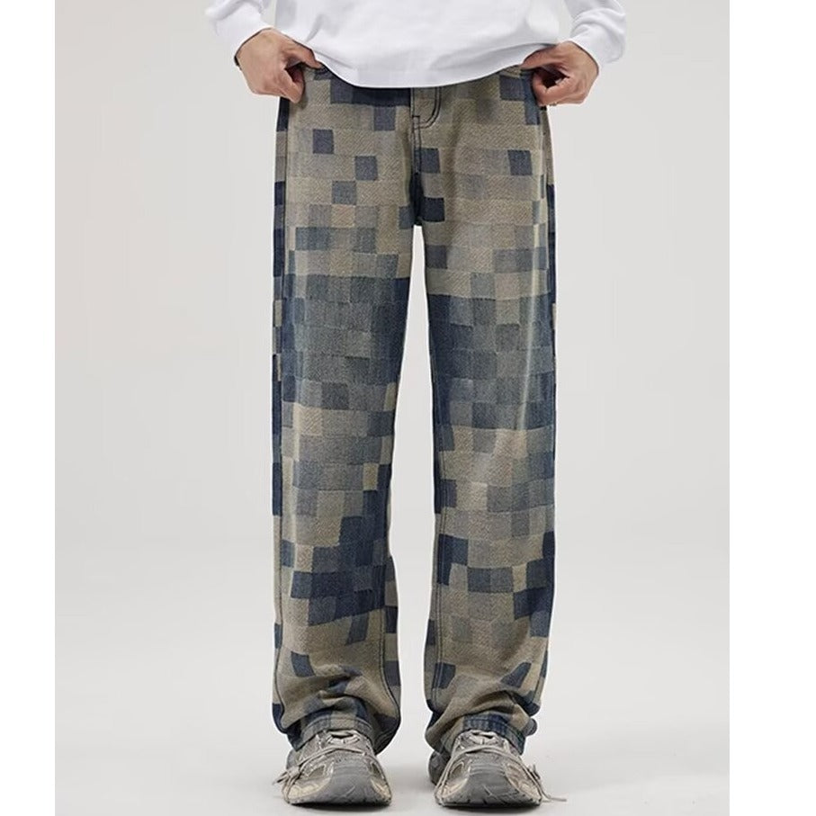 Men's Retro Plaid Jeans Loose Straight Wide Leg Pants