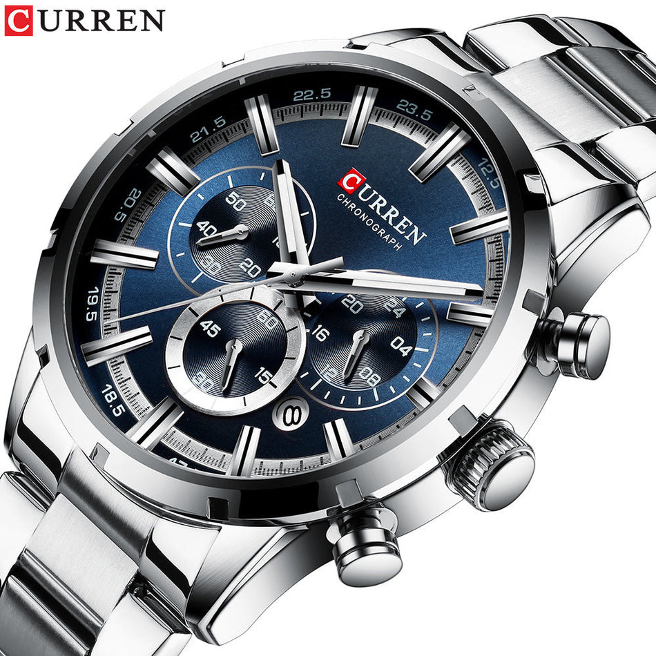 Men's Multifunction Quartz Watch with Steel Bracelet & Calendar