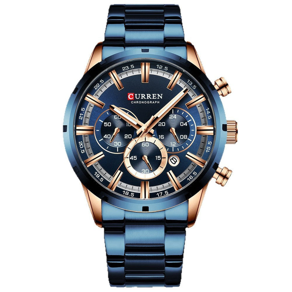 Men's Multifunction Quartz Watch with Steel Bracelet & Calendar
