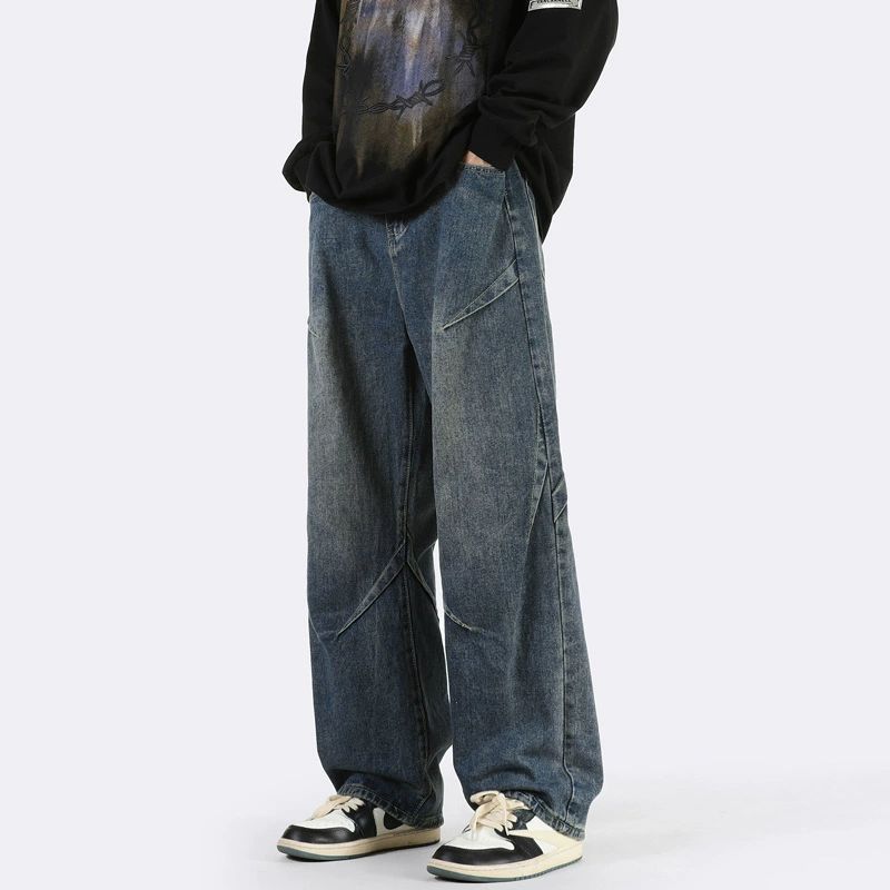 Men's Stitching Wide Leg Jeans Loose Straight High Street Pants