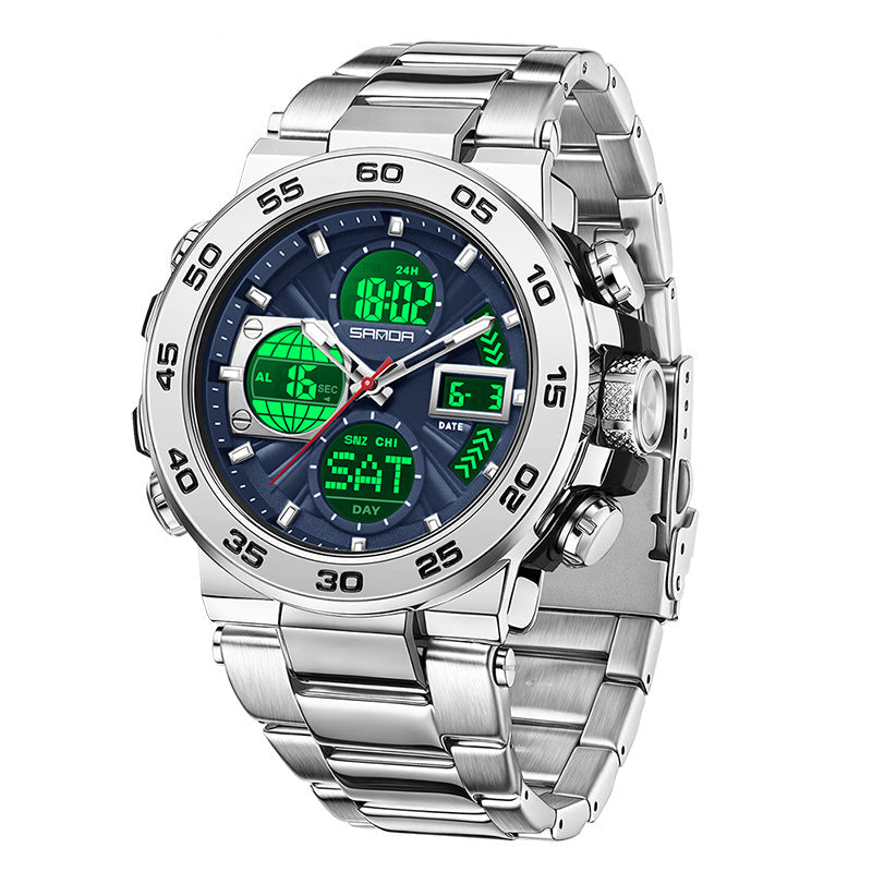 Men's Dual Display Steel Quartz Watch with Luminous Dial