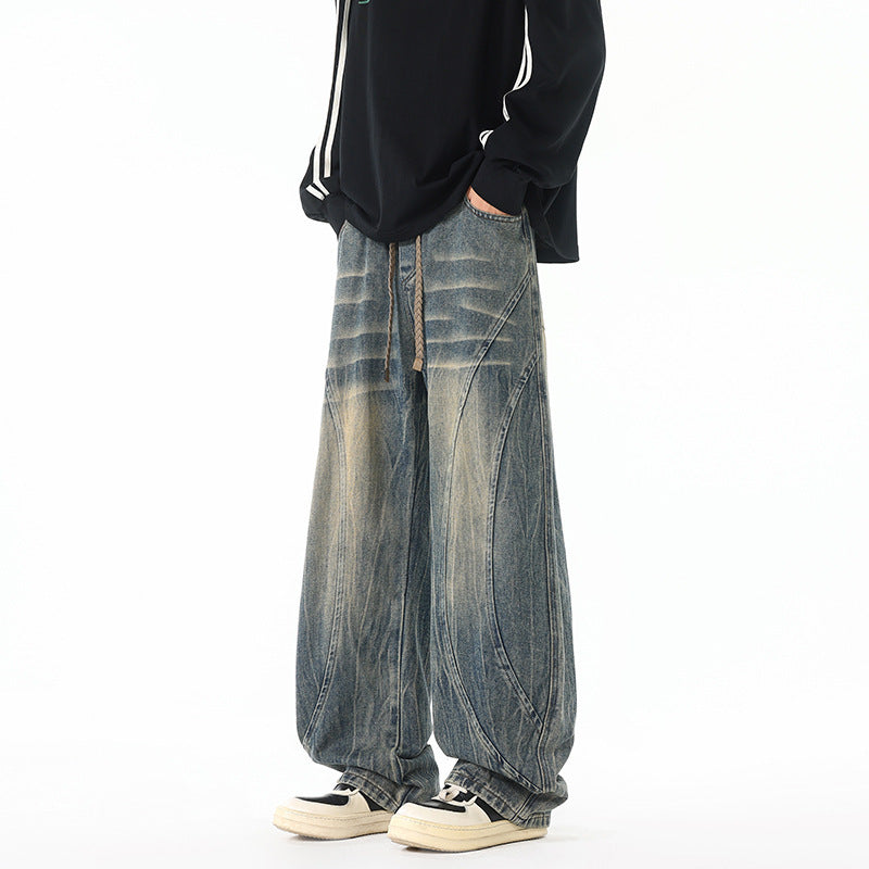Men's Washed Distressed Split Design Retro Scimitar Jeans