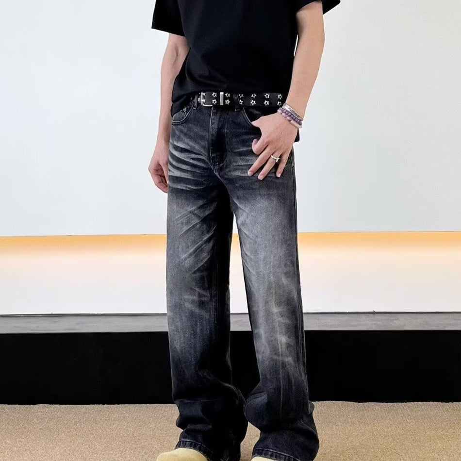 Men's Retro Washed Black Straight Leg Distressed Jeans