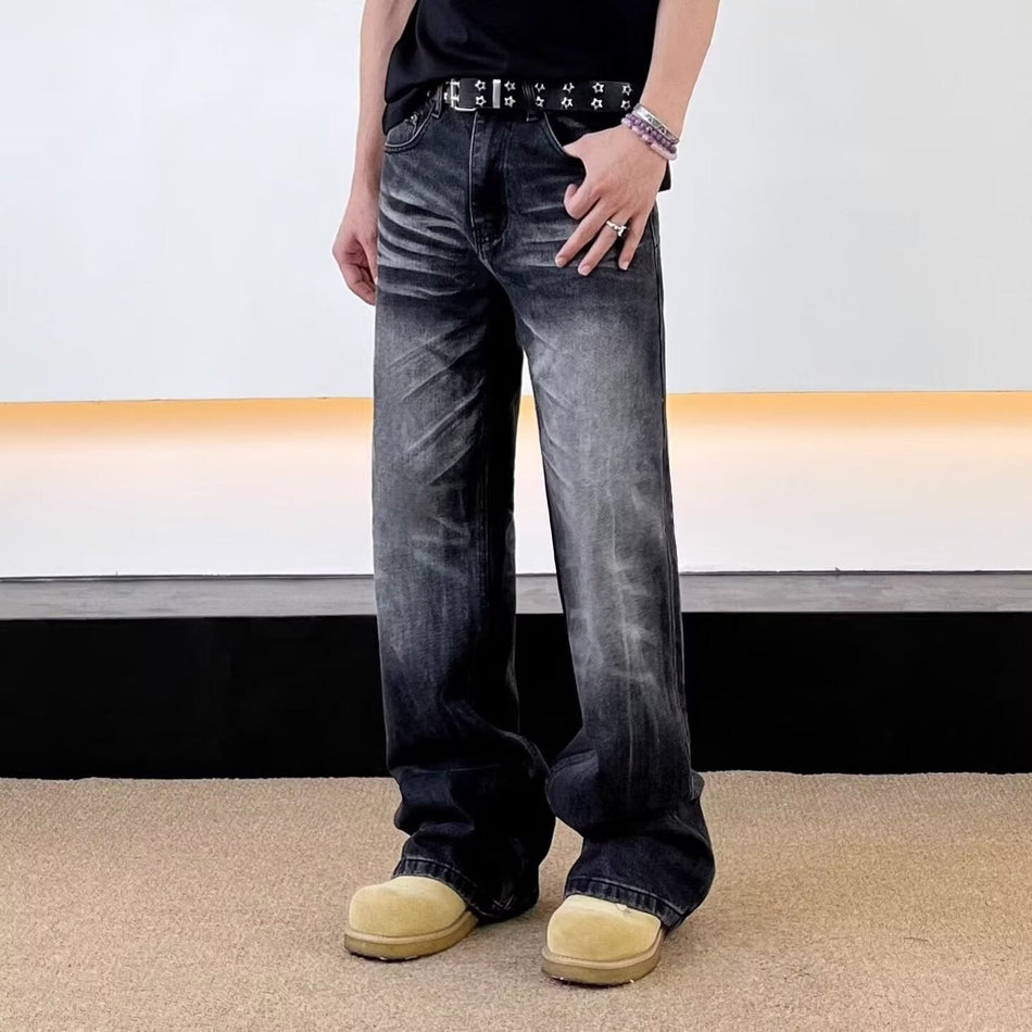 Men's Retro Washed Black Straight Leg Distressed Jeans