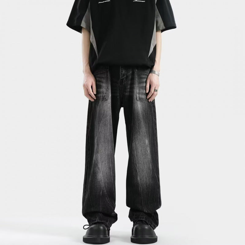 Men's Black Gray Gradient Flared Washed Distressed Jeans