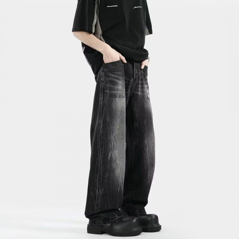 Men's Black Gray Gradient Flared Washed Distressed Jeans